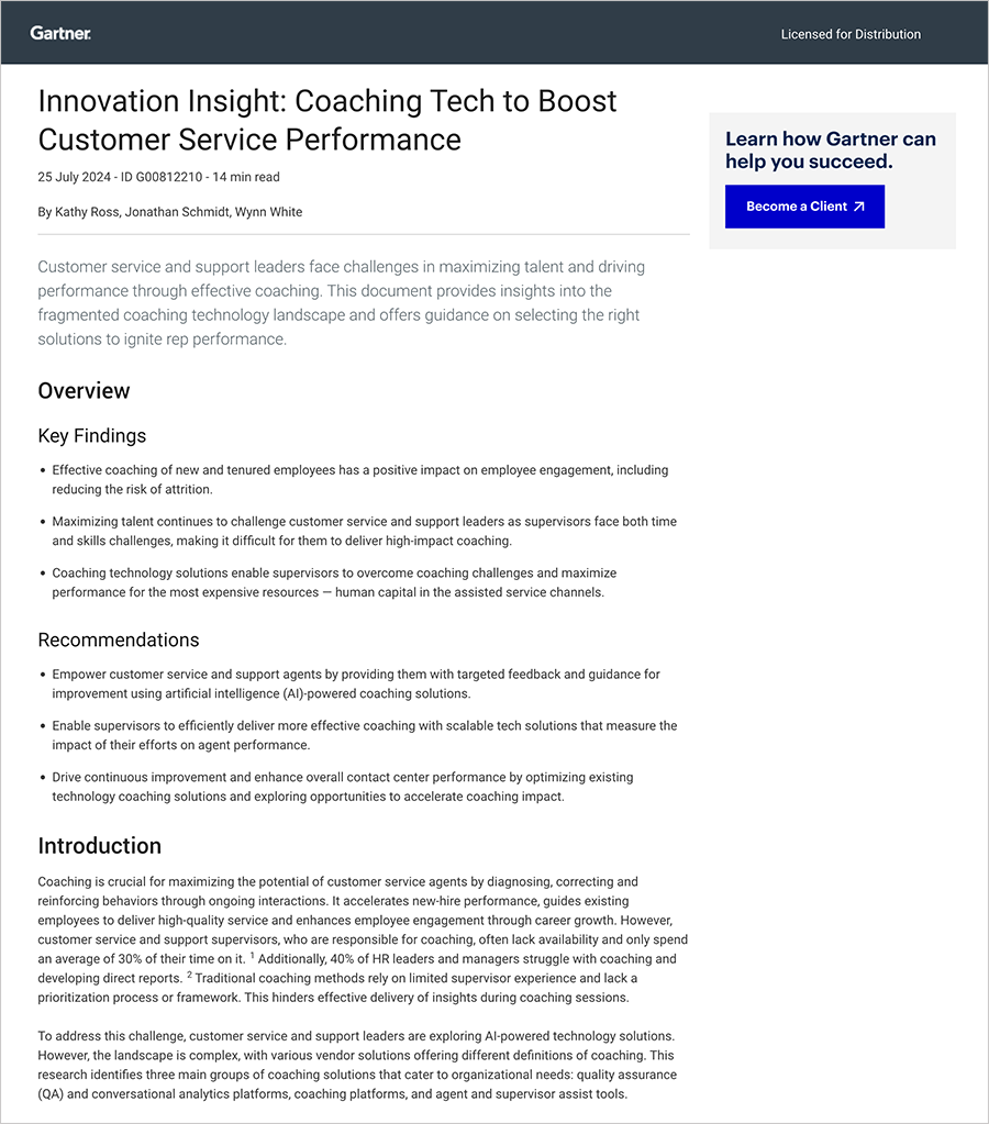 Gartner Innovation Insight - Coaching Tech to Boost Customer Service Performance